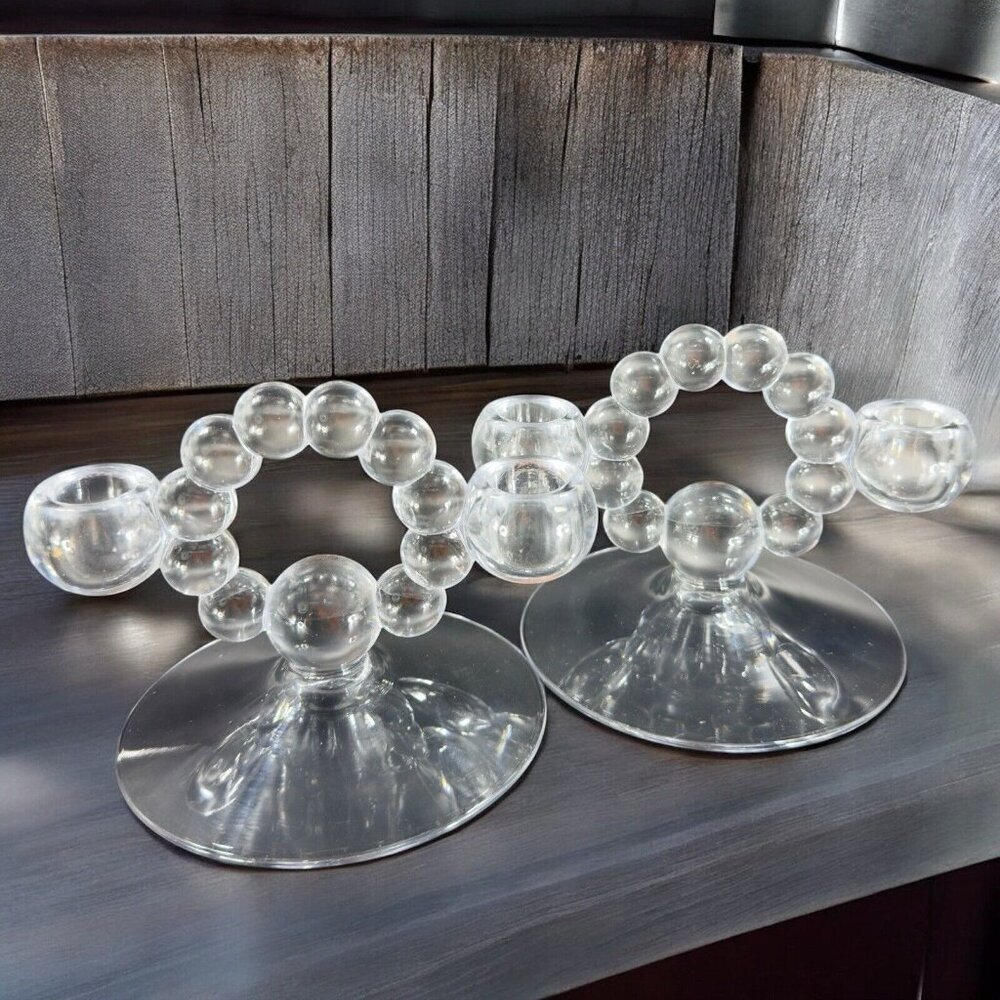 1930s Imperial Glass Clear Candlewick Double Light Candlestick Set 2 Vintage